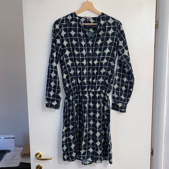 Fusioni Moda Italian Circle Geometric Blue Navy 100% Milk Fiber Dress Size Small - Picture 1 of 14